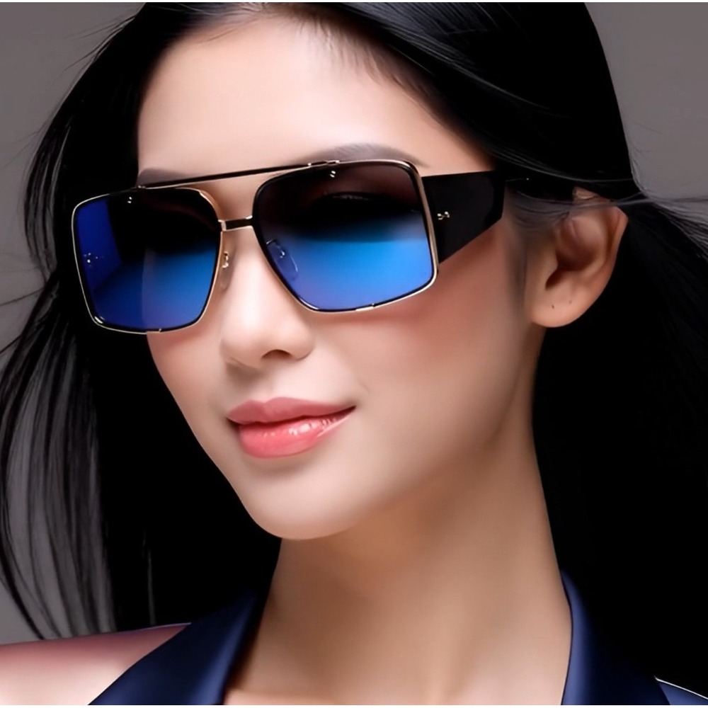 Sunglasses Women Fashion Designer Blue Gradient Reflective Lens Square Oversized